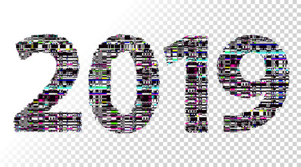 Glitch new year sign. 2019 New Year poster. Winter holiday celebration. Computer screen error. Digital pixel. Party. TV signal fail. Technical problem.