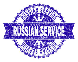 Obraz premium RUSSIAN SERVICE rosette seal watermark with grunge texture. Designed with round rosette, ribbon and small crowns. Blue vector rubber watermark of RUSSIAN SERVICE label with grunge style.