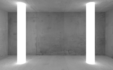 Empty abstract concrete show room with the glowing light and copy space. Modern exhibition studio mockup for product presentation. Illuminated empty concrete futuristic interior. 3D Rendering.