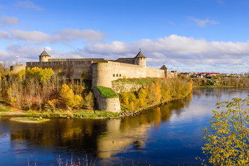 Fototapeta premium the ancient Russian fortress in Ivangorod, the monument and popular tourist attraction on the border with Estonia, Ivangorod, Russia