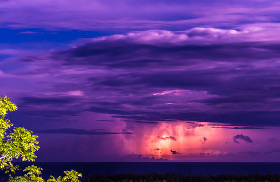 Lightening Storm Over The Ocean At Night Off The Coast Of Montego Bay, Jamaica.