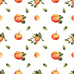 Watercolor seamless pattern with mandarins and leaves