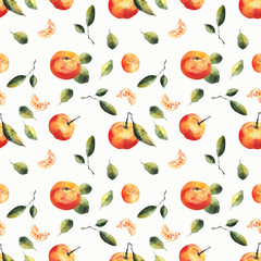 Watercolor seamless pattern with mandarins and leaves