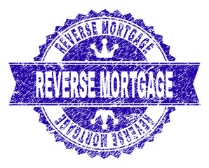 REVERSE MORTGAGE rosette seal imitation with grunge texture. Designed with round rosette, ribbon and small crowns. Blue vector rubber watermark of REVERSE MORTGAGE text with grunge texture.