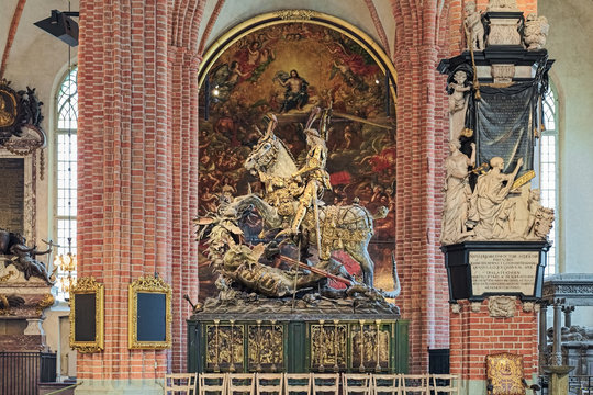 Stockholm, Sweden. Saint George and the Dragon, an extremely well-preserved wooden sculpture in Storkyrkan (The Great Church). It was created by Bernt Notke from Lubeck in 1489.