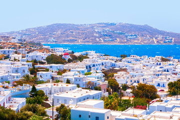 Whitewashed architecture and beautiful Aegean waters in Mykonos Island