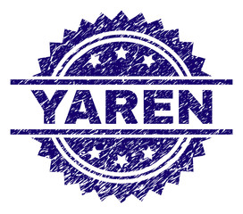 YAREN stamp seal watermark with distress style. Blue vector rubber print of YAREN title with unclean texture.
