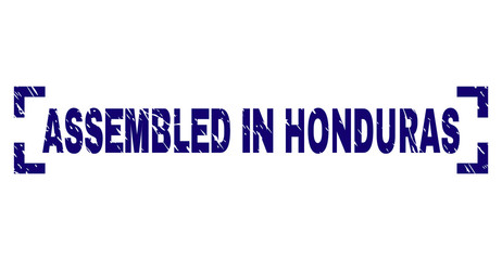ASSEMBLED IN HONDURAS title seal watermark with grunge texture. Text title is placed inside corners. Blue vector rubber print of ASSEMBLED IN HONDURAS with corroded texture.