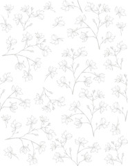 Delicate Sketched Branch Vector Pattern. Hand Drawn Light Gray Twigs on a White Background. Lovely Blooming Sprigs. Elegant Floral Pattern.