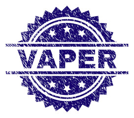 VAPER stamp seal watermark with distress style. Blue vector rubber print of VAPER label with dirty texture.