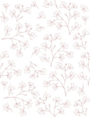 Delicate Sketched Branch Vector Pattern. Hand Drawn Pale Light Pink Twigs on a White Background. Lovely Blooming Sprigs. Elegant Floral Pattern.