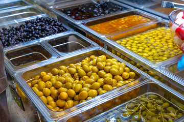 Spanish Marinated Olives. Green olives. Black olives. Mediterranean diet.