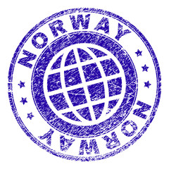 NORWAY stamp imprint with grunge texture. Blue vector rubber seal imprint of NORWAY title with grunge texture. Seal has words placed by circle and planet symbol.