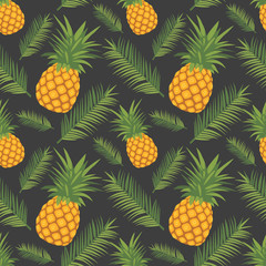 Exotic graphic illustration seamless pattern with yellow pineapple fruits and green leaves on dark black background