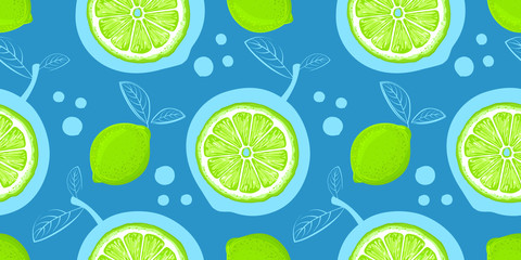 Lime vector seamless pattern. Sketch limes. Citrus fruit background. Elements for menu, greeting cards, wrapping paper, cosmetics packaging, posters etc