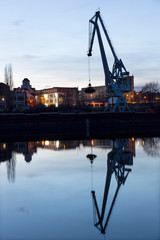 Obraz premium Holesovice above River Vltava in Night, the most cool district of Prague, and its Harbor, Czech Republic