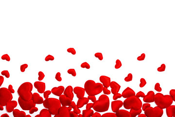 Creative composition with red hearts isolated on white. Love concept. Flat lay style, top view. Place for text.