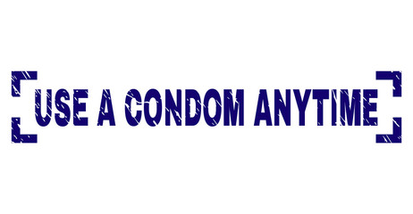 USE A CONDOM ANYTIME text seal watermark with grunge texture. Text caption is placed between corners. Blue vector rubber print of USE A CONDOM ANYTIME with grunge texture.