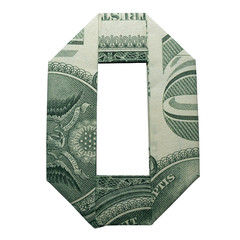 Money Origami DIGIT 0 LETTER O Character Folded with Real One Dollar Bill Isolated on White...