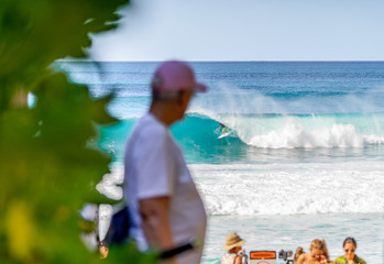 Person looking at a surfer in a tubular wave at Pipeline beach, on the island of Oahu, Hawaii on a beautiful day of big waves and blue sea