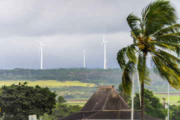 Wind power generation turbines at Haleiwa, North Shore, Oahu Island, Hawaii on a cloudy day