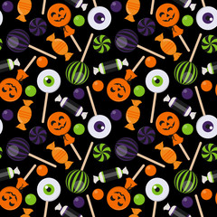 Halloween Candy Seamless Pattern - Assortment of colorful Halloween candies on solid background