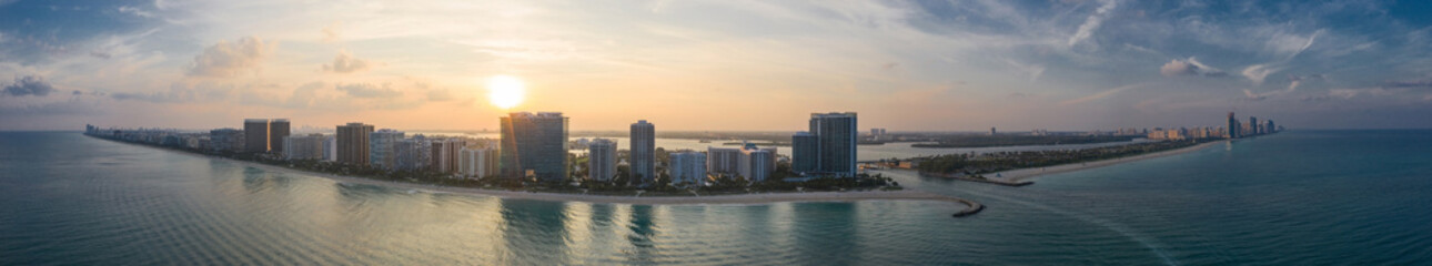 Aerial beautiful panorama of Haulover Beach Bal Harbour inlet at sunset