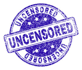 UNCENSORED stamp seal imprint with distress texture. Designed with rounded rectangles and circles. Blue vector rubber print of UNCENSORED tag with dirty texture.