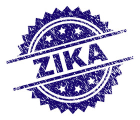 ZIKA stamp seal watermark with distress style. Blue vector rubber print of ZIKA text with retro texture.