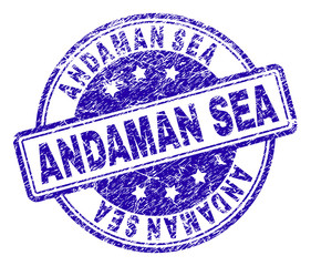 ANDAMAN SEA stamp seal watermark with grunge texture. Designed with rounded rectangles and circles. Blue vector rubber print of ANDAMAN SEA title with grunge texture.