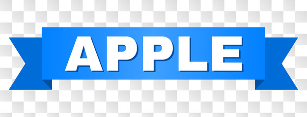 APPLE text on a ribbon. Designed with white caption and blue stripe. Vector banner with APPLE tag on a transparent background.