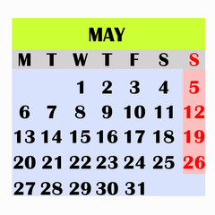 Calendar design month may 2019. Year 2019 calendar. Simple design for calendar 2019. Calendar for organization and business. Week Starts Monday.