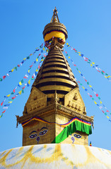 Stupa in Swayambhunath Monkey temple, Eyes of the Buddha, in Kathmandu, Nepal.