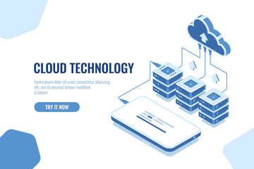 Cloud technology storage and transfer data isometric, mobile phone data downloading, remote server room and database blue white