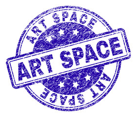 ART SPACE stamp seal watermark with distress texture. Designed with rounded rectangles and circles. Blue vector rubber print of ART SPACE tag with retro texture.