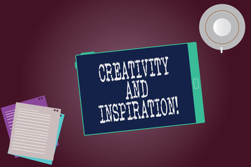 Word writing text Creativity And Inspiration. Business concept for strategy used to make decisions and foster ideas Tablet Empty Screen Cup Saucer and Filler Sheets on Blank Color Background