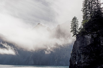 Fog hangs over the rocks and boulders of Seward Bay, Alaska.