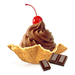 Soft chocolate ice cream or frozen yogurt with maraschino cherry in waffle bowl isolated on white background