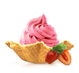 Soft strawberry ice cream or frozen yogurt in waffle bowl isolated on white background