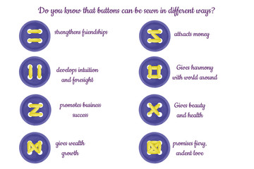 Do you know that buttons can be sewn in different ways? Buttons will bring you good luck. Learn sewing. Omens, talismans and their meaning set on white background.