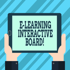 Text sign showing E Learning Interactive Board. Conceptual photo integrated set of interactive online services Hu analysis Hand Holding Blank Screen Tablet Smartphone Display Unit photo