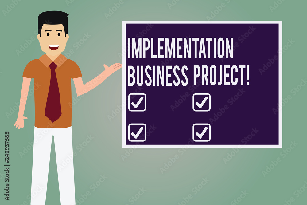 Poster word writing text implementation business project. business concept for process of executing a plan 