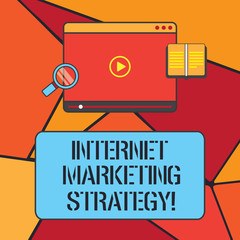 Conceptual hand writing showing Internet Marketing Strategy. Business photo showcasing Advertising products and services online Tablet Video Player Upload and Magnifying Glass Text Space