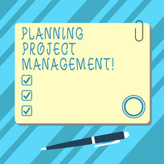 Word writing text Planning Project Management. Business concept for use of schedules to plan then report progress Blank Square Color Board with Magnet Click Ballpoint Pen Pushpin and Clip