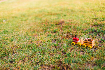 Wooden toy truck transporting packages through the lawn or nature, lots of empty space for text copy space.