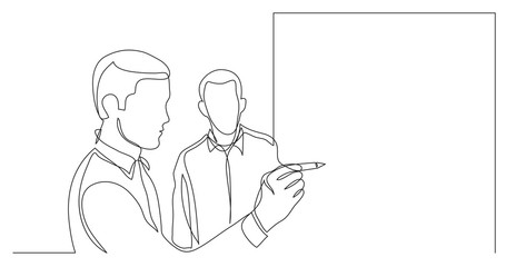business colleagues drawing on whiteboard during brainstorm session - one line drawing