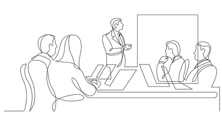 work group watching presentation during team meeting - one line drawing