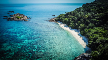 Aerial drone view of Turtle Beach at the Perhentian Islands, a tropical paradise in Malaysia with...