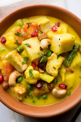 Navratan Korma is a rich, creamy and flavorful Mughlai dish  from India that literally translates to nine-gem curry. The “gems” are the fruits, vegetables and nuts that make up the curry. 