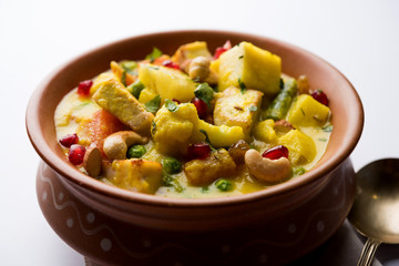 Navratan Korma is a rich, creamy and flavorful Mughlai dish  from India that literally translates to nine-gem curry. The “gems” are the fruits, vegetables and nuts that make up the curry. 